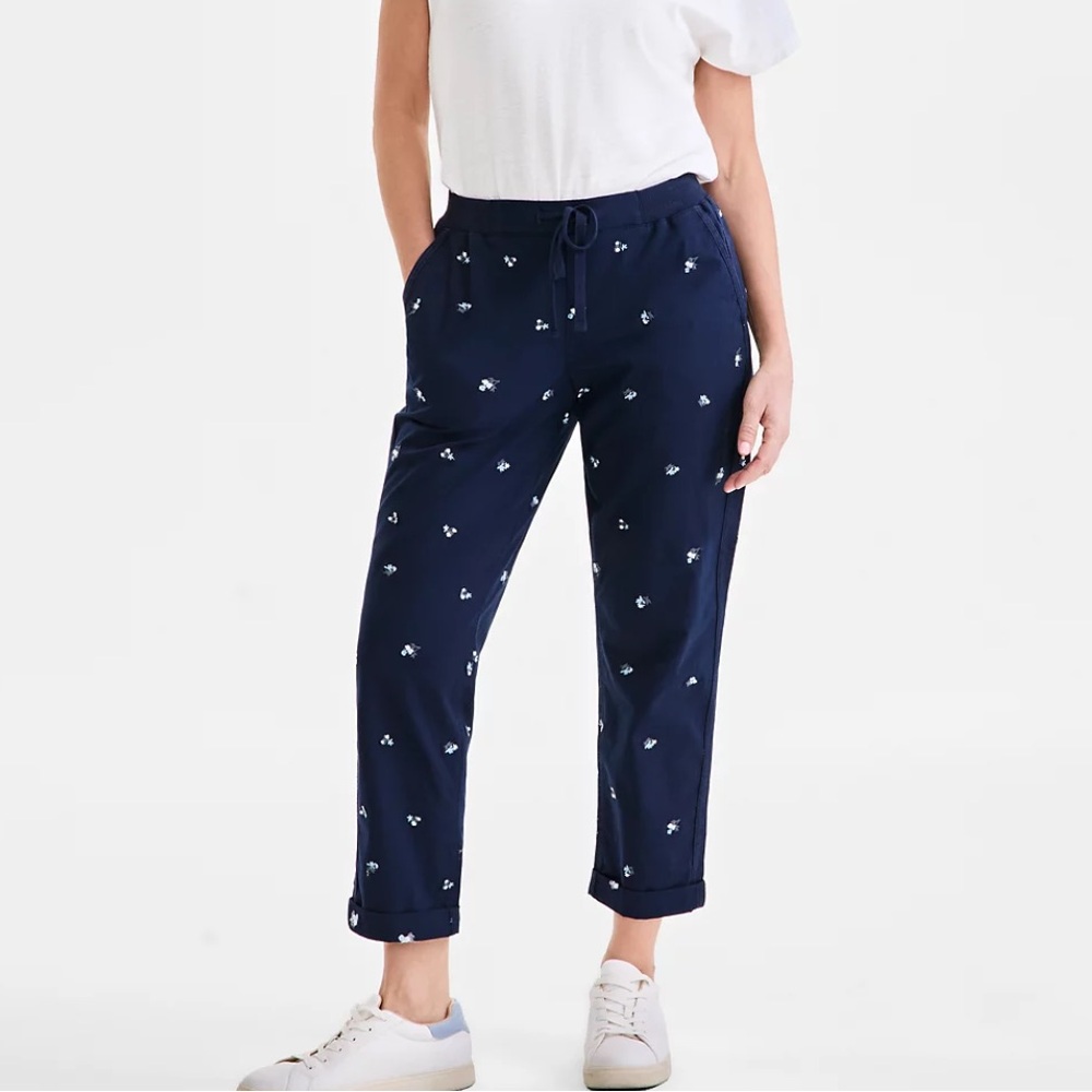 Style & Co XL 16 Pull on Crop Pants Straight Leg Mid Rise Navy embroidery NWT